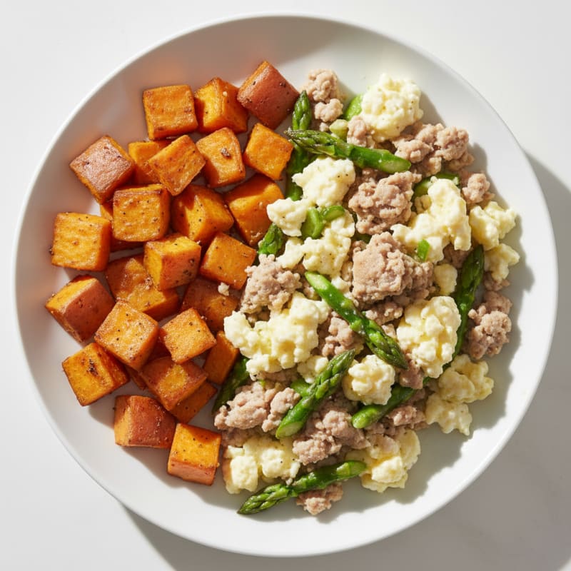 Egg White and Ground Turkey Scramble with Roasted Sweet Potatoes