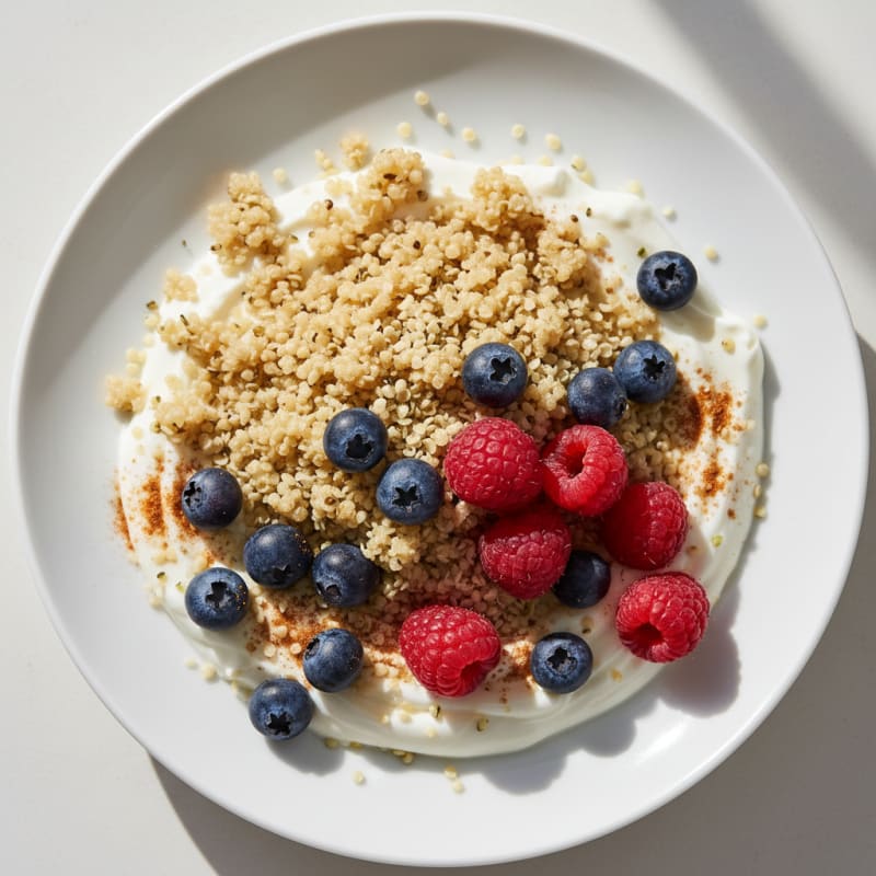 Silky Greek Yogurt Bowl with Hemp Seeds, Quinoa, and Berries