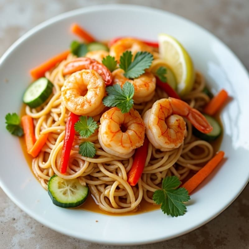Shrimp with Rice Noodles and Crunchy Vegetables in a Tangy Peanut Sauce
