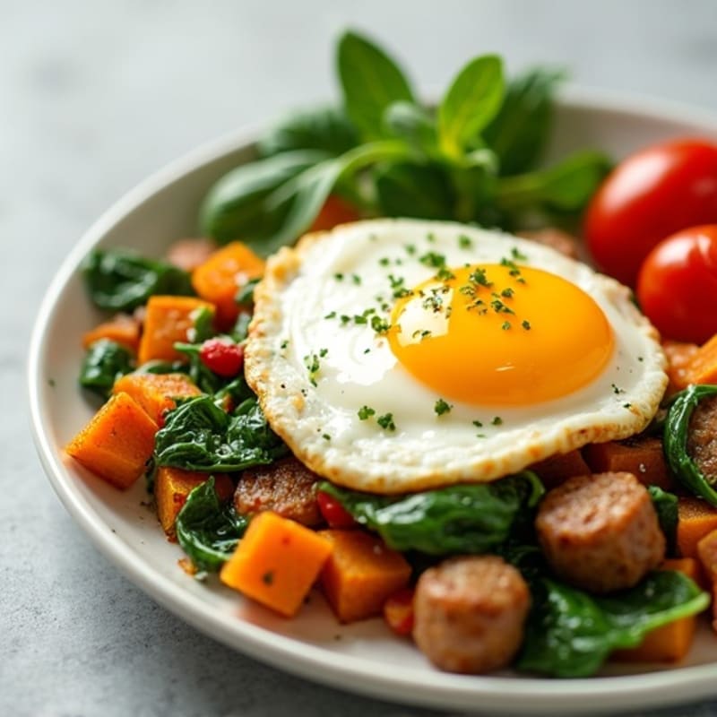 Egg White and Turkey Sausage Scramble with Spinach and Roasted Sweet Potato