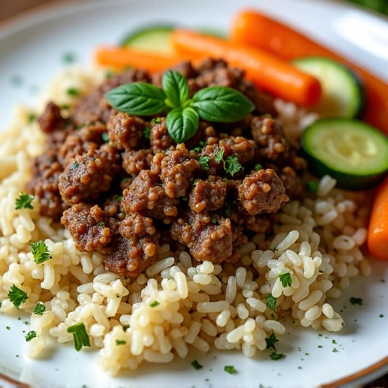 Lean Ground Beef with Herb Rice and Steamed Zucchini-Carrot Medley