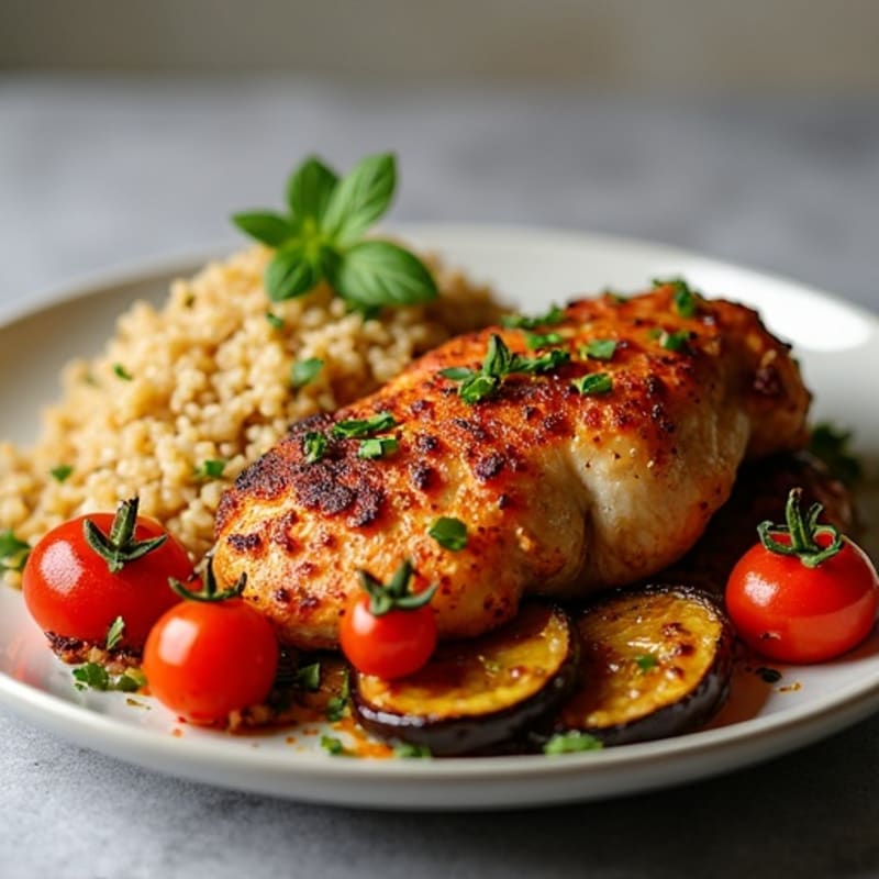 Sheet Pan Crispy Chicken Thighs with Roasted Eggplant and Tomatoes
