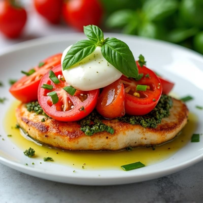 Pan-Seared Chicken with Fresh Tomato, Creamy Mozzarella, and Basil Pesto