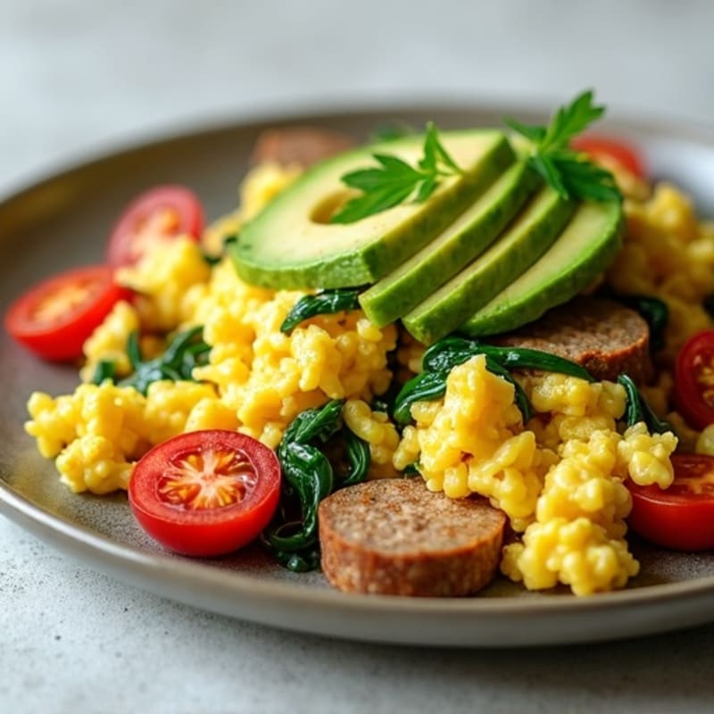 Egg White and Turkey Sausage Scramble with Spinach and Cherry Tomatoes