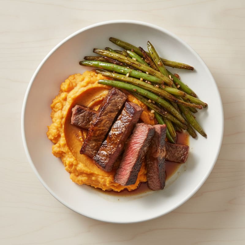 Seared Beef Strips with Garlic Green Beans and Sweet Potato Mash