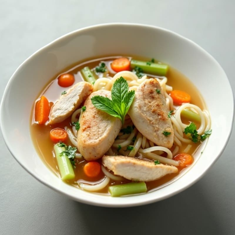Clear Broth Chicken and Rice Noodle Soup with Fresh Herbs