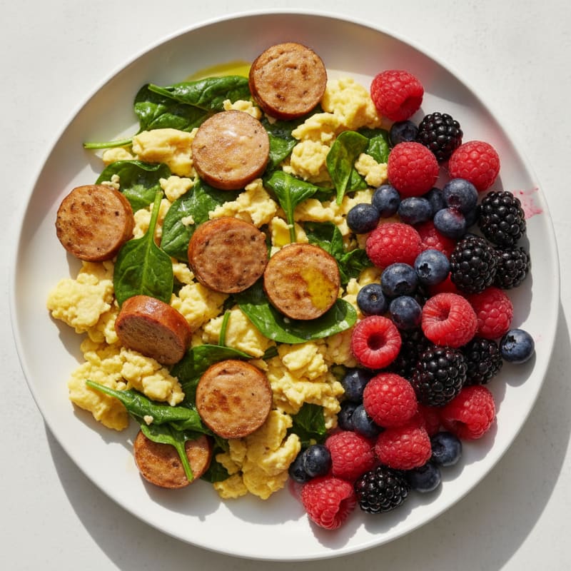 Egg and Chicken Sausage Scramble with Spinach and Berries