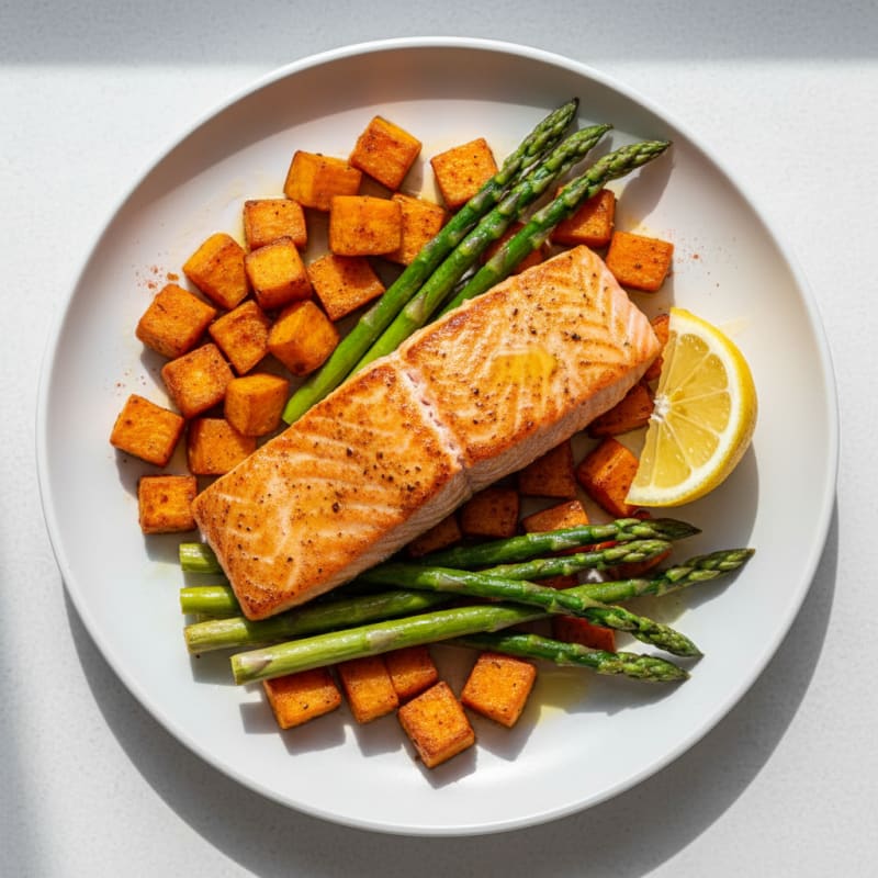 Seared Salmon with Roasted Sweet Potatoes and Asparagus