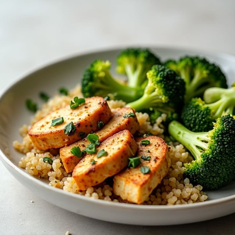 Roasted Tempeh with Quinoa and Garlic Broccoli