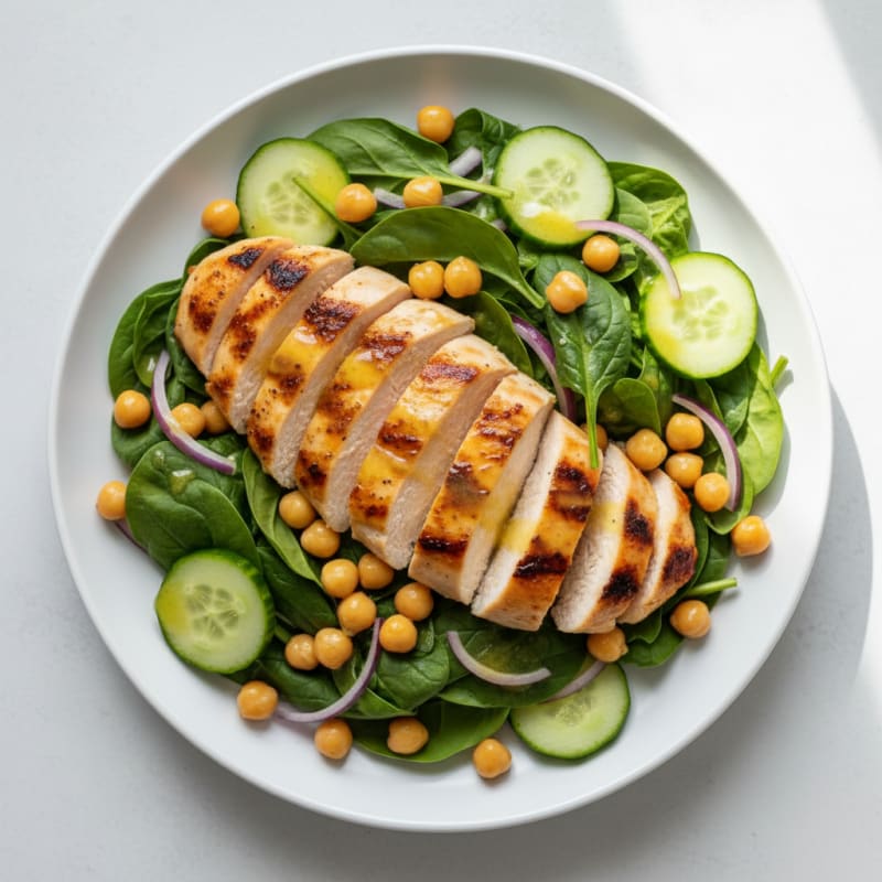 Grilled Chicken Spinach Salad with Chickpeas and Lemon Vinaigrette