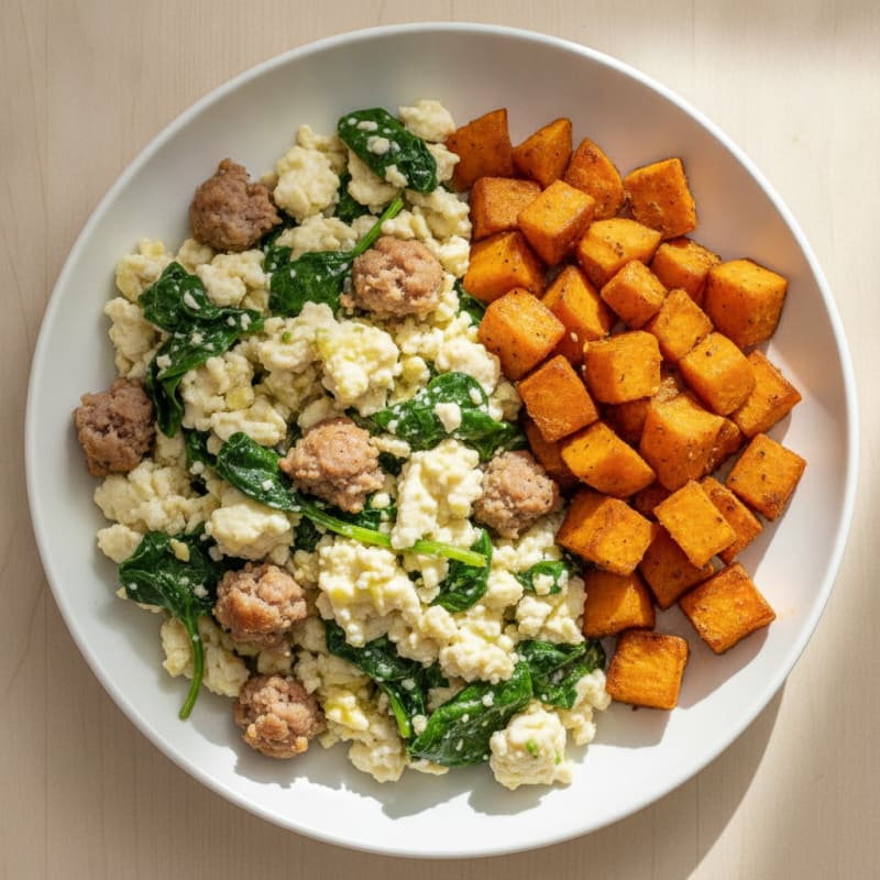 Egg White and Turkey Sausage Scramble with Spinach and Roasted Sweet Potato