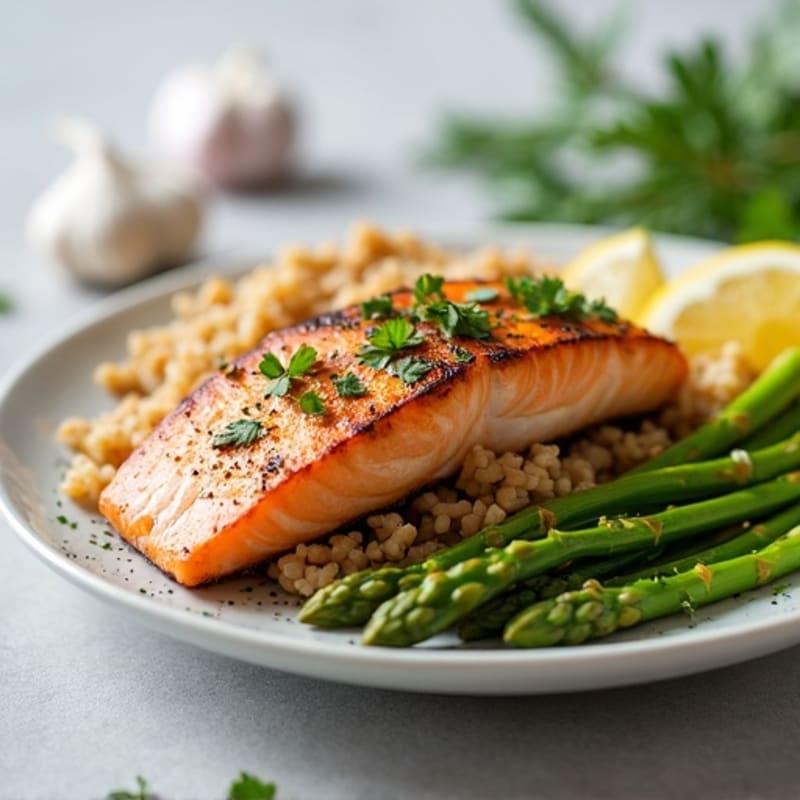 Seared Salmon with Steamed Asparagus and Brown Rice