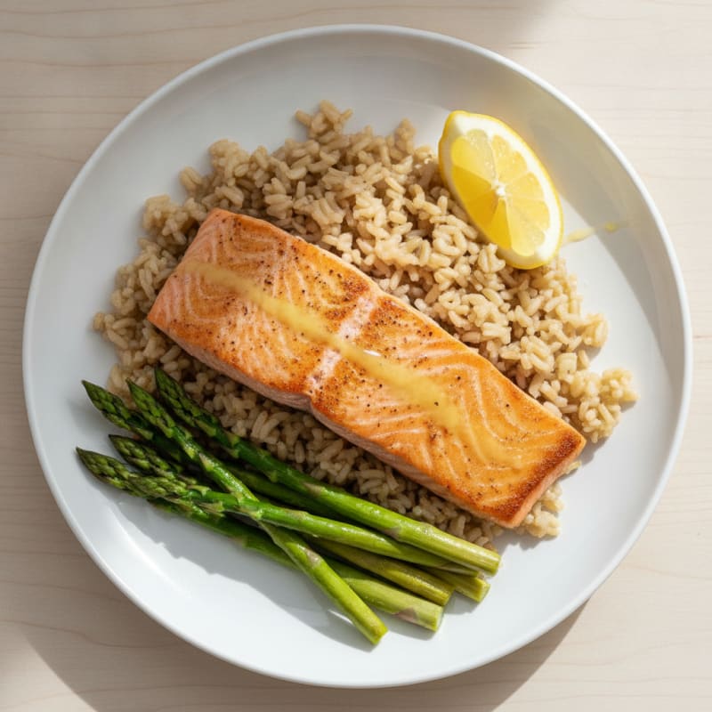 Seared Salmon Fillet with Steamed Asparagus and Brown Rice