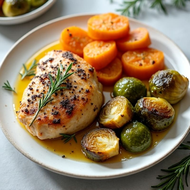 Herb-Roasted Chicken with Crispy Brussels Sprouts and Sweet Potato