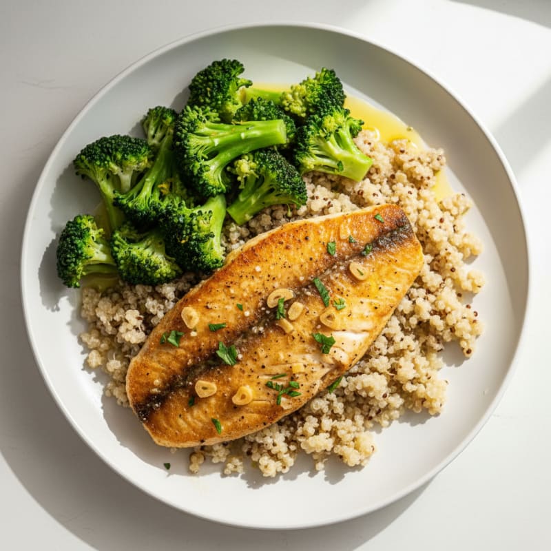 Seared Tilapia with Steamed Broccoli and Quinoa