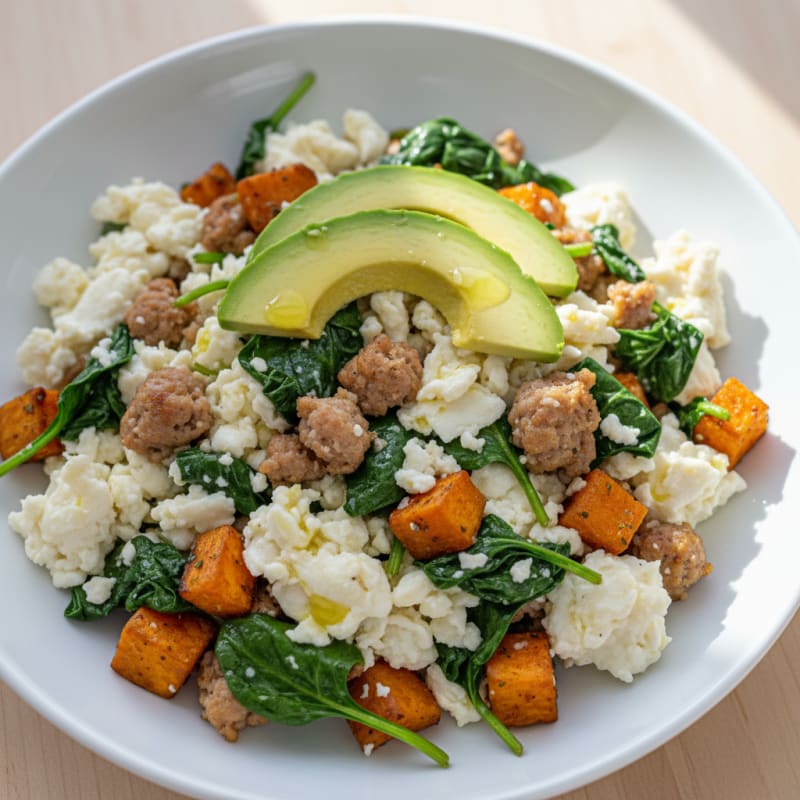 Egg White and Turkey Sausage Scramble with Sautéed Spinach