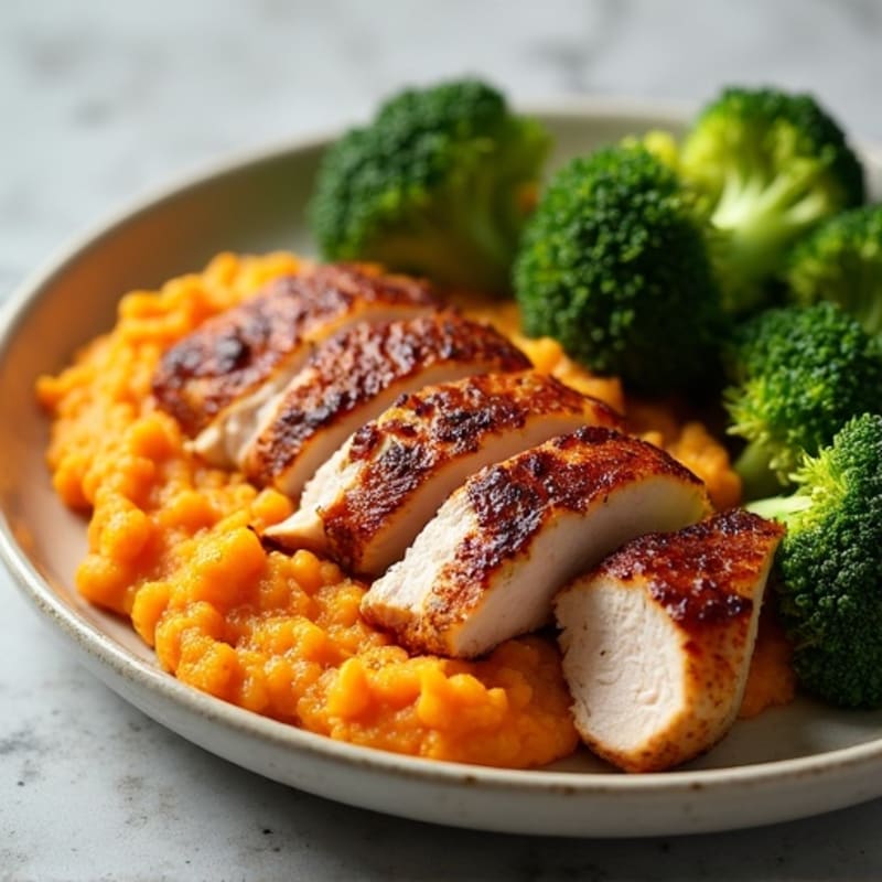 Seared Turkey Breast with Roasted Broccoli and Sweet Potato Mash