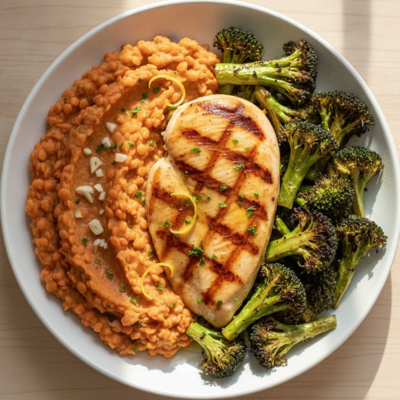 Grilled Chicken Breast with Roasted Broccoli and Red Lentil Mash