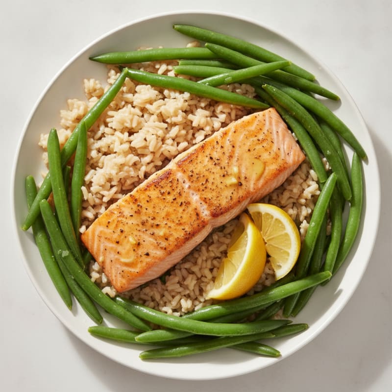 Seared Salmon with Steamed Green Beans and Brown Rice