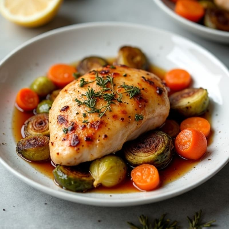 Roasted Chicken Breast with Maple Glazed Carrots and Crispy Brussels Sprouts