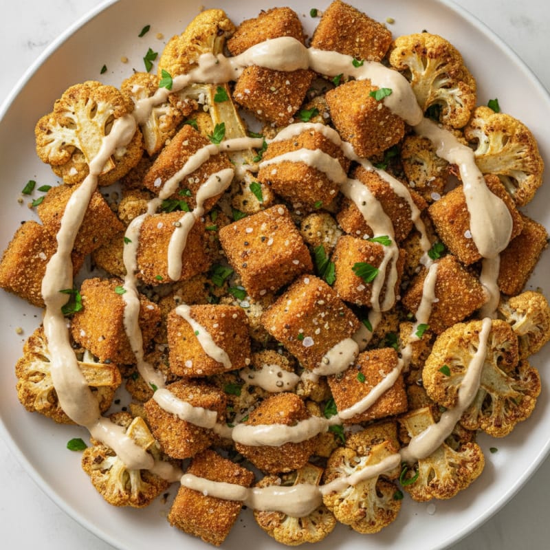 Roasted Cauliflower and Crispy Tofu with Tahini Drizzle