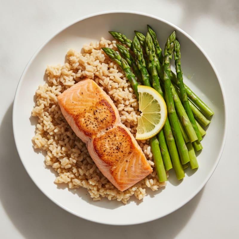 Seared Salmon with Steamed Asparagus and Brown Rice