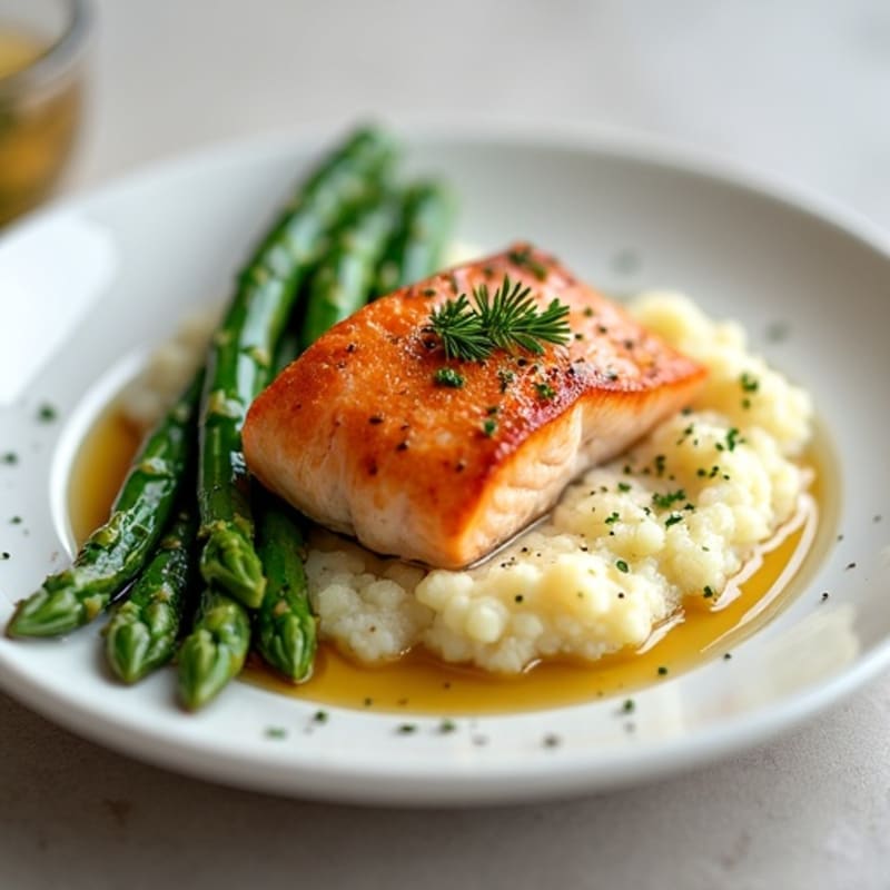 Seared Salmon with Steamed Asparagus and Cauliflower Mash