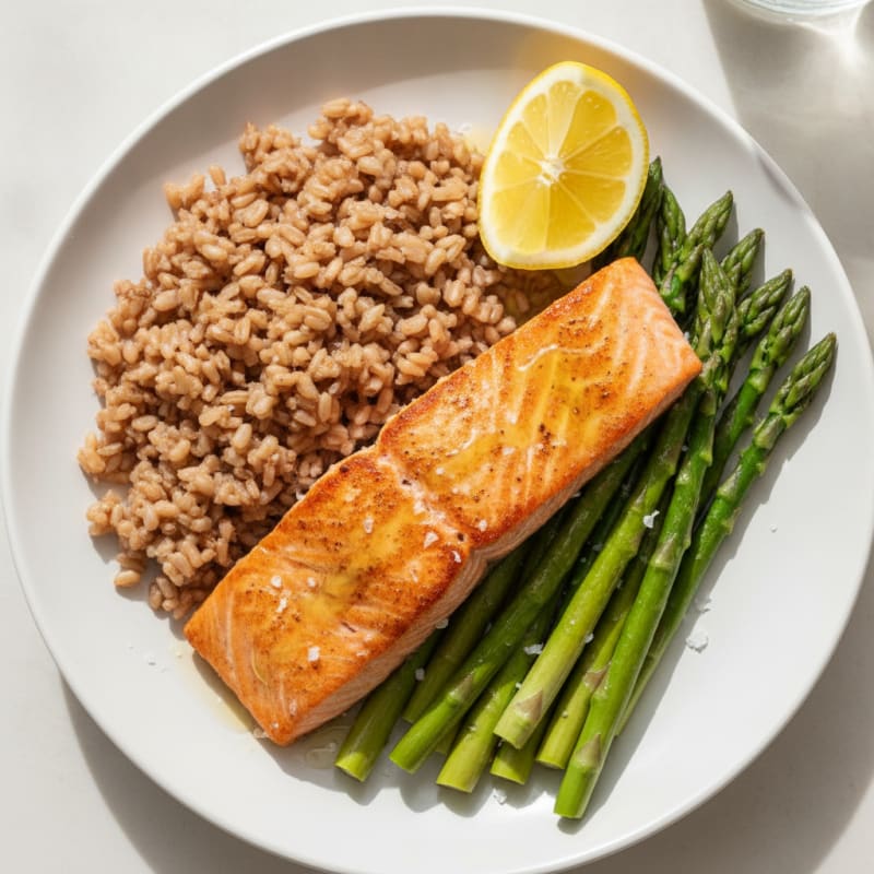 Seared Salmon with Steamed Asparagus and Brown Rice