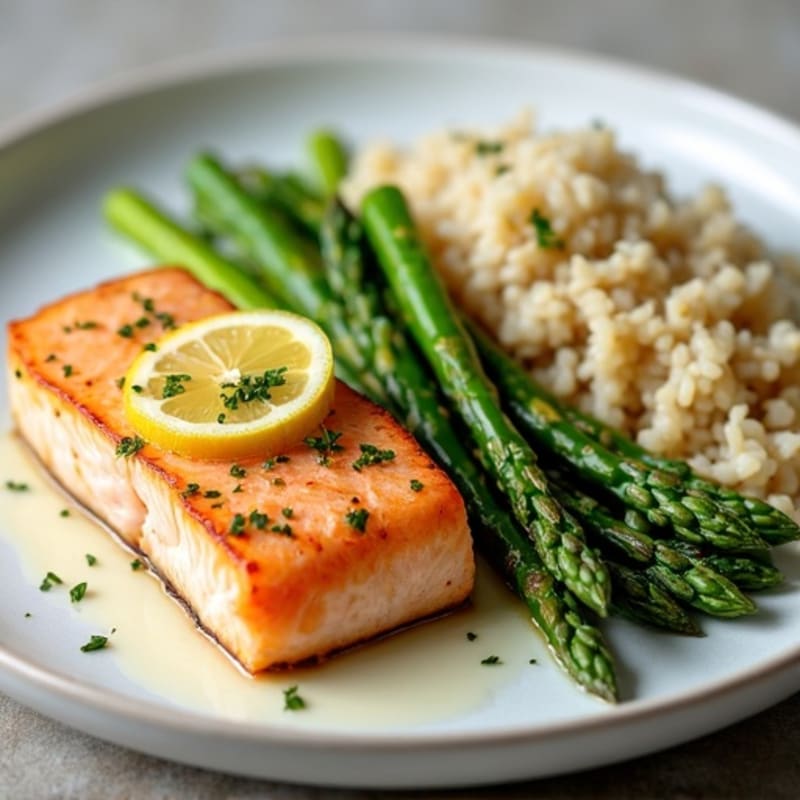 Seared Salmon Fillet with Steamed Asparagus and Lemon