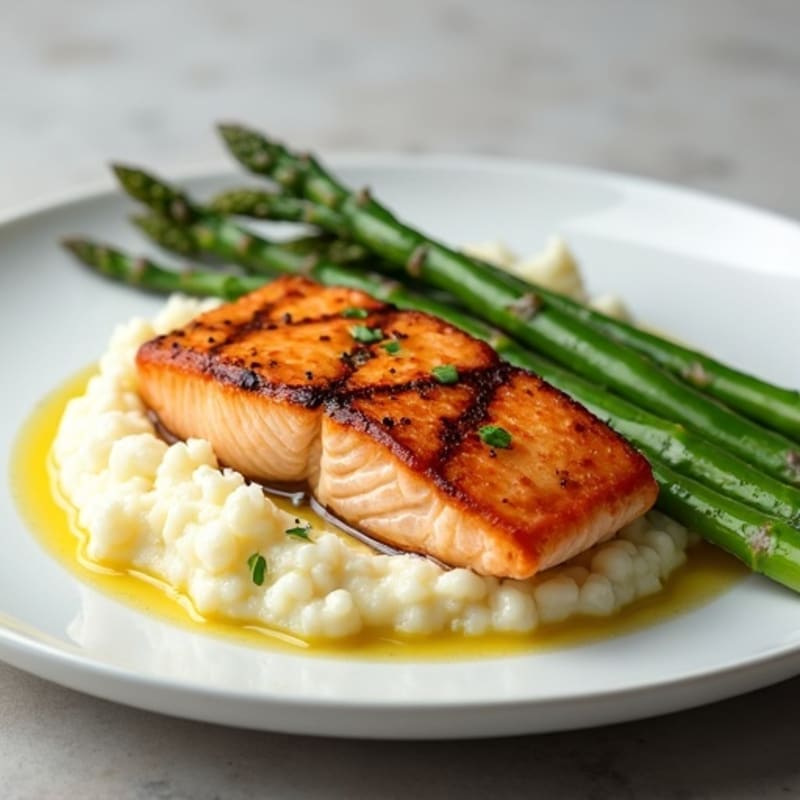 Seared Salmon Fillet with Steamed Asparagus and Cauliflower Mash