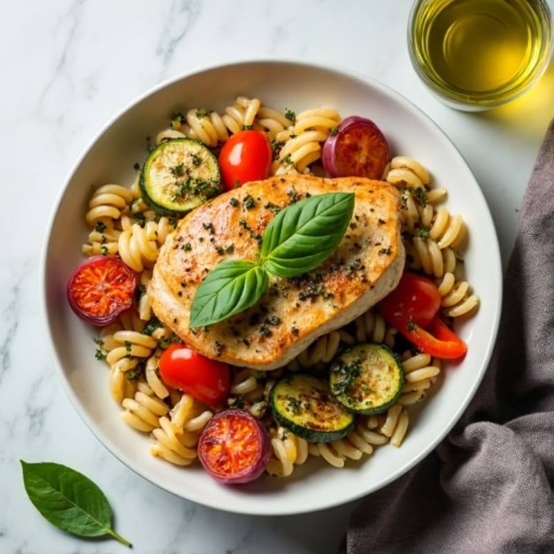 Healthy Chicken Pesto Pasta with Roasted Vegetables