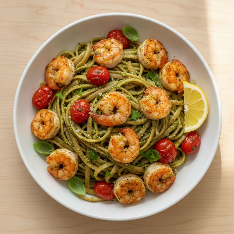 Garlic Pesto Shrimp Linguine with Tomatoes