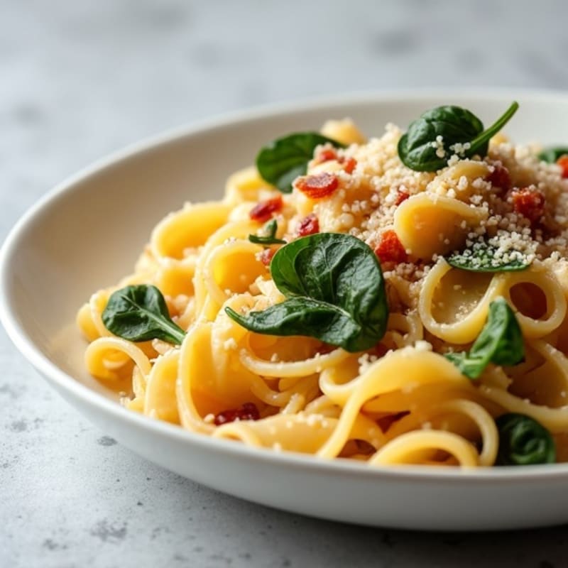 Creamy Whole Wheat Pasta Carbonara with Crispy Turkey Bacon and Fresh Spinach