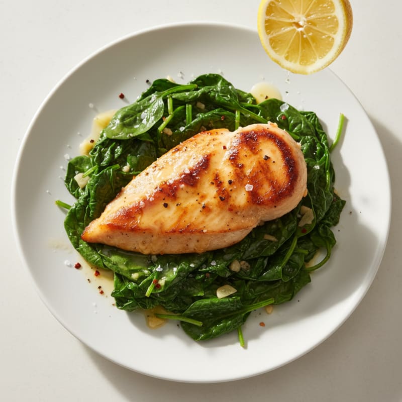 Garlic Sautéed Spinach with Lemon and Pan-Seared Chicken