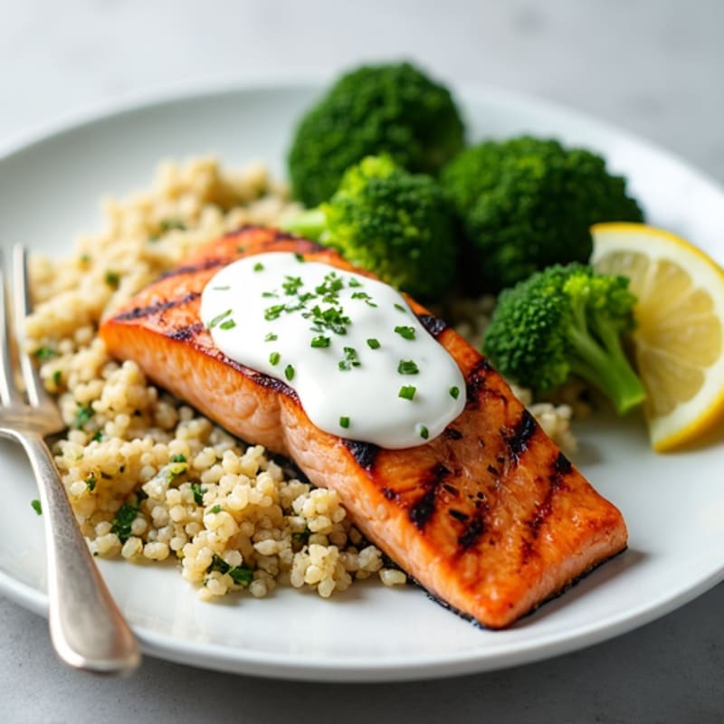 Grilled Salmon with Quinoa, Steamed Broccoli & Greek Yogurt Drizzle