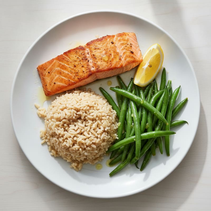 Seared Salmon Fillet with Steamed Green Beans and Brown Rice