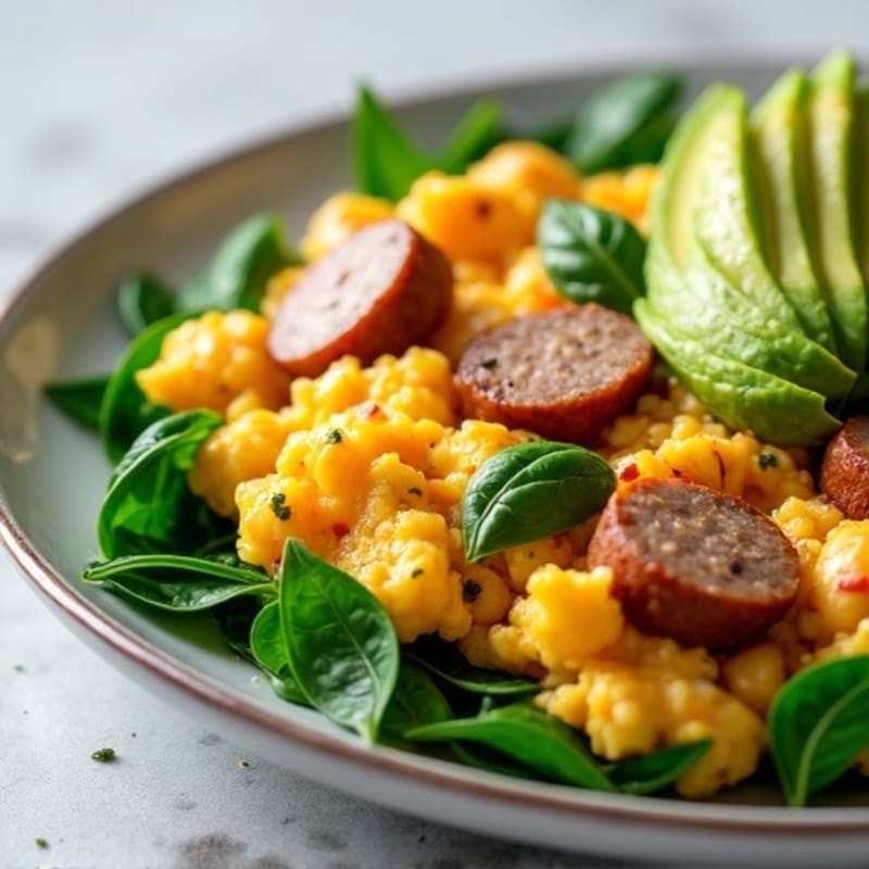 Egg White Scramble with Turkey Sausage and Sautéed Spinach