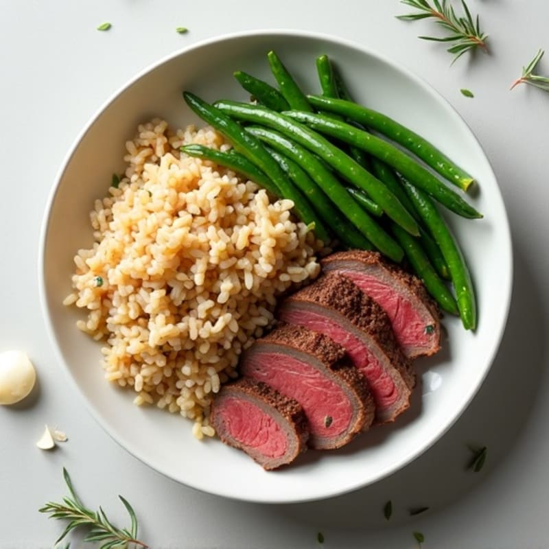 Garlic Herb Roast Beef with Fluffy Brown Rice and Roasted Green Beans