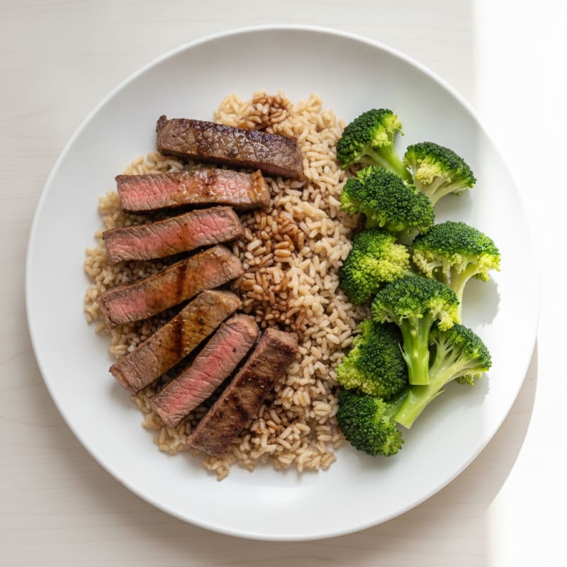 Grilled Beef Strips with Steamed Broccoli and Brown Rice