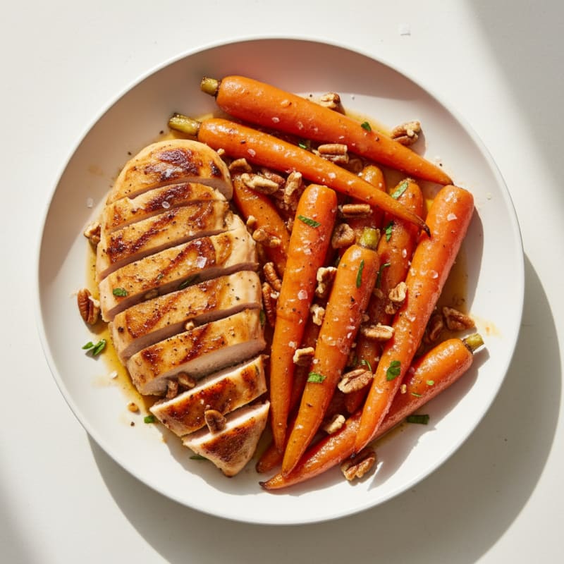 Caramelized Ginger-Glazed Carrots with Toasted Pecans & Pan-Seared Chicken