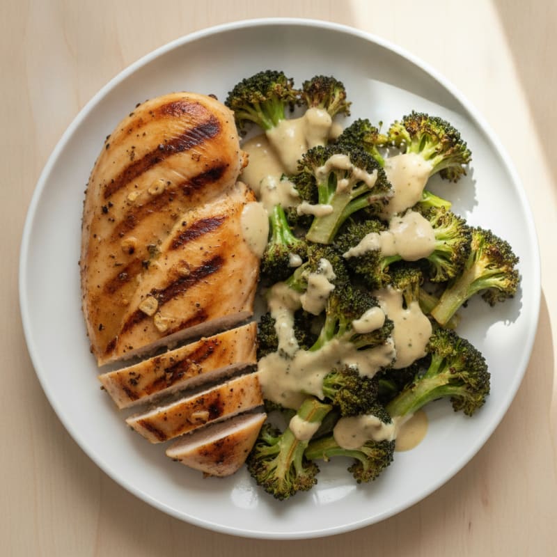 Grilled Chicken Breast with Roasted Broccoli and Lemon Tahini Drizzle
