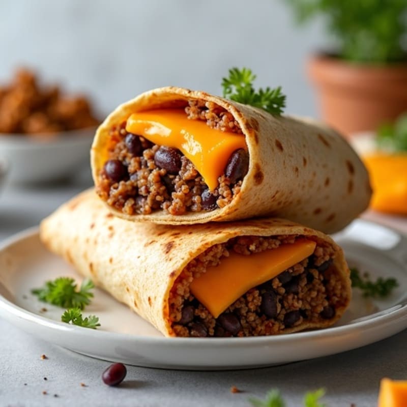 Hearty Cheesy Lean Beef and Black Bean Baked Wraps