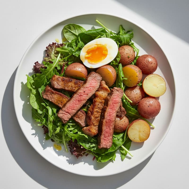 Seared Beef Strips with Steamed Potatoes and Leafy Greens
