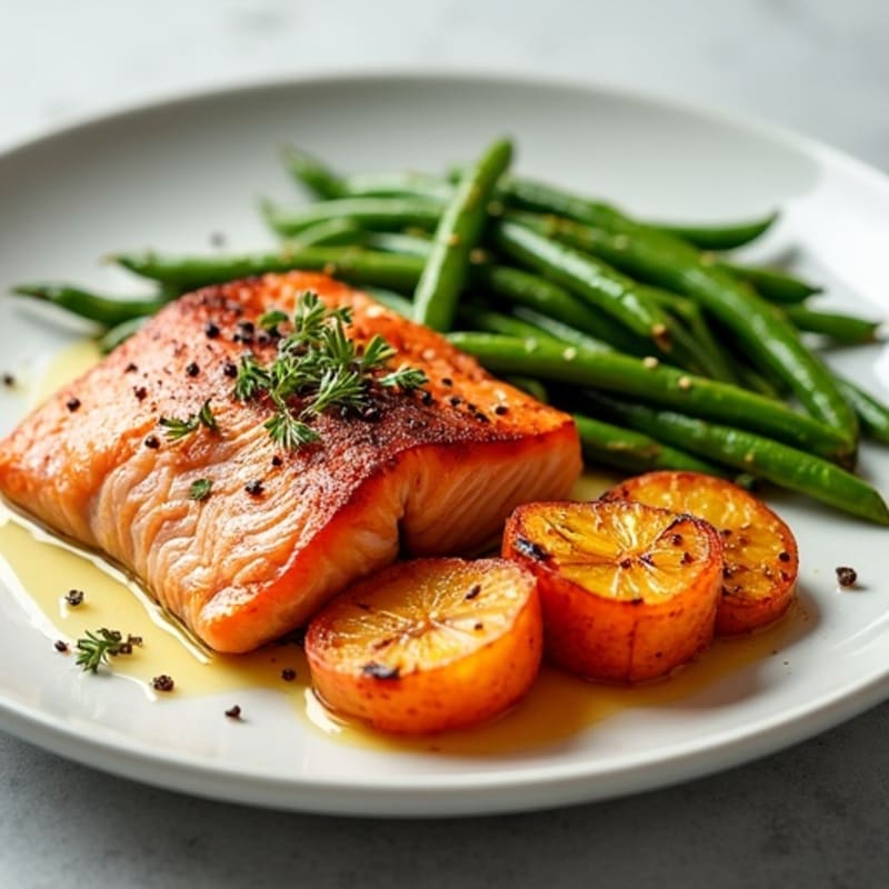 Roasted Salmon with Crispy Sweet Potatoes and Fresh Green Beans