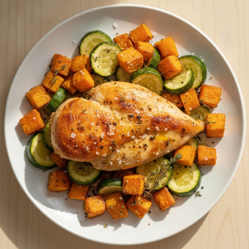 Poulet Rôti, Courgettes et Patates Douces