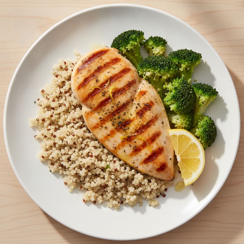 Grilled Chicken Breast with Steamed Broccoli and Quinoa