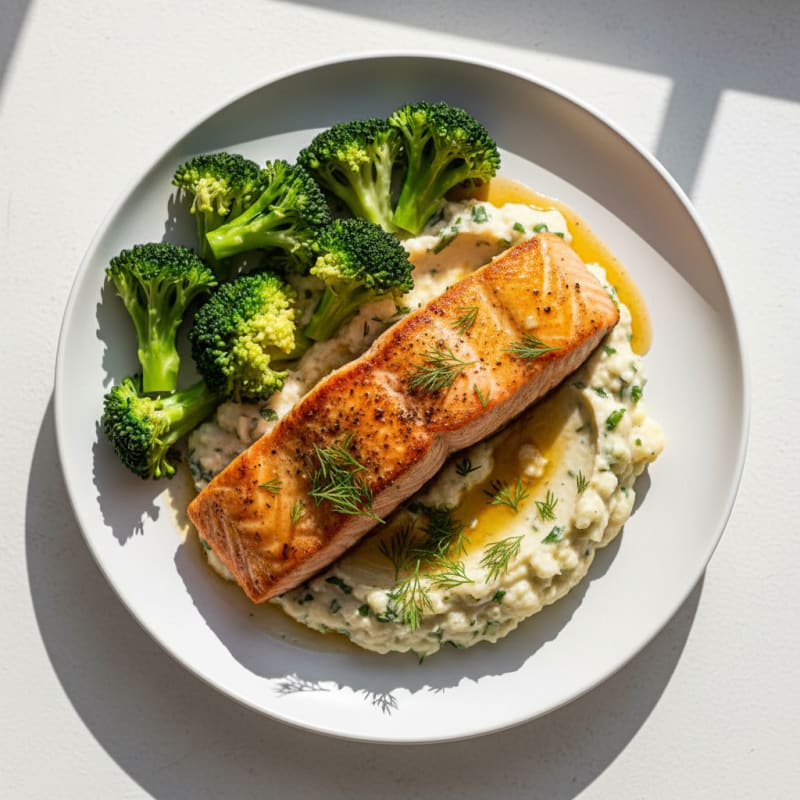 Seared Salmon with Steamed Broccoli and Herb Cauliflower Mash