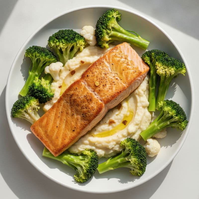 Seared Salmon with Steamed Broccoli and Cauliflower Mash