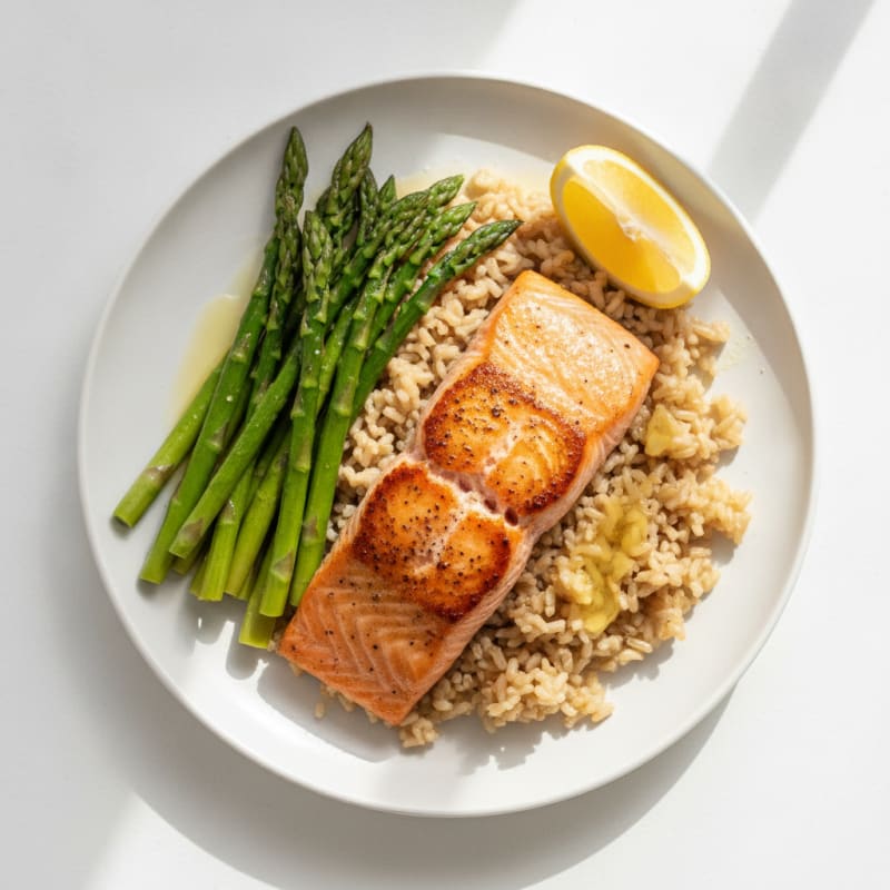 Seared Salmon Fillet with Steamed Asparagus and Brown Rice