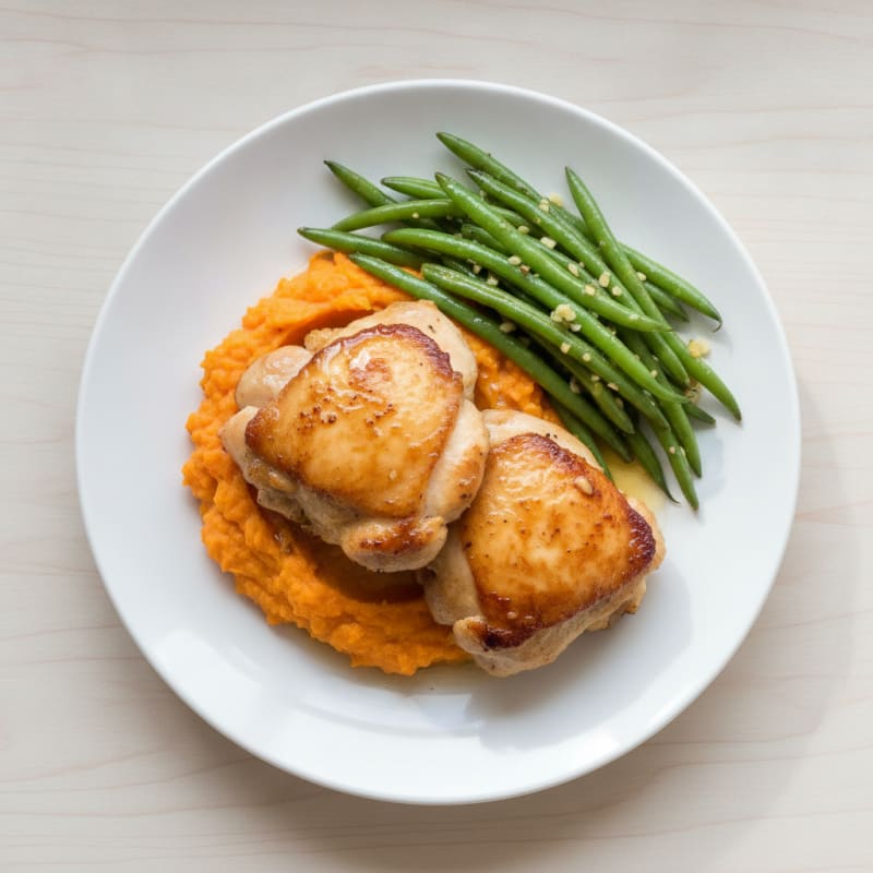 Seared Chicken Thighs with Garlic Green Beans and Sweet Potato Mash